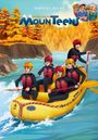 "Ein Fall für die MounTeens: Wildwasser und Feuerteufel." Illustration: Fünf Jugendliche im Schlauchboot auf wildem Fluss.