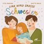 „Lina wird große Schwester“ steht in bunten Buchstaben. Eine Familie hält ein Baby, umgeben von Konfetti-Mustern.