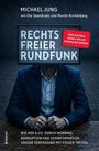 Texte: Michael Jung, RECHTS FREIER RUNDFUNK, über 300 Fälle zeigen, wie wir manipuliert werden. Person mit Bildschirmkopf.