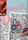 "Ausmalen Nr. 1", "40 Bilder A4", bunte Mandala-Malvorlagen, farbige Stifte, floral und geometrisch verziert.