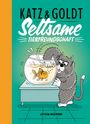 "KATZ & GOLDT Seltsame Tierfreundschaft" über einer Illustration: Katze umarmt Goldfisch, der in einem Aquarium schwimmt.