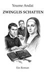 „Youme Andai, Zwinglis Schatten, Ein Roman.“ Drei Personen, ein Buch, ein Tablet mit Diagrammen, ein Kreuz und ein Schlüssel.