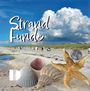 "Strand Funde". Ein Strand mit Muscheln, einem Seestern, Strandkörben und einer Wolkenlandschaft im Hintergrund.