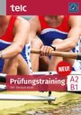 Text: "Prüfungstraining telc Deutsch A2·B1. NEU! A2 B1." Zwei Ruderer in rot-blauem Outfit beim Rudern. Logos oben.
