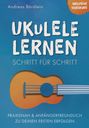 „Ukulele lernen - Schritt für Schritt“ steht in großer Schrift. Eine Ukulele-Illustration ziert das blaue Cover.