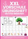 Text: "XXL Vorschule Übungsheft ab 5 für Mädchen. Die ideale Vorbereitung auf die Schule." Illustration eines Baums.