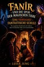 Titel: "FANIR UND DIE SPUR DER MAGISCHEN TIERE". Zwei Kinder anschauen einen Fuchs in einem magischen Raum an.