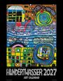 "Hundertwasser 2027 Art Calendar" steht unten. Oben ein buntes, abstraktes Gemälde mit geometrischen Formen und Mustern.