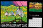 Hundertwasser Art 2027. Kalender mit buntem, abstraktem Gemälde in Gelb, Grün, Blau und Rosa. Januar in vier Sprachen.