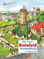 Text: „Ach...wie schön ist Bielefeld“, „Das neue Bielefeld-Wimmelbuch“. Illustration einer Stadtlandschaft mit Turm.