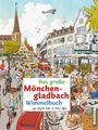 „Das große Mönchengladbach Wimmelbuch“ zeigt eine geschäftige Straßenszene mit vielen Menschen, Tieren und Gebäuden.