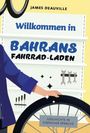 „Willkommen in Bahrans Fahrrad-Laden“ steht groß auf einem Schild. Illustration: Person hält ein Fahrradrad.