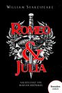 "Romeo & Julia, William Shakespeare, nacherzählt von Marian Hoefnagel. Besonders einfach." Zwei Gesichter vor einem Dolch.