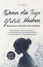 „Wenn die Tage grau bleiben: Depression erkennen und verstehen“. Silhouette einer Frau vor zarten Blättern.