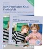 Auf blauem Hintergrund steht: "MINT-Werkstatt Kita: Elektrizität." Zwei Kinder experimentieren mit Kabeln.
