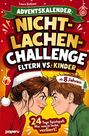 Adventskalender: Nicht-Lachen-Challenge, Eltern vs. Kinder, ab 8 Jahren. Illustration: Frau und Junge mit Santa-Mützen.