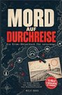 „Mord auf Durchreise: Ein Krimi-Rätselbuch für unterwegs.“ Dunkler Hintergrund mit Landkarte und Reise-Symbolen.
