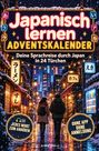 "Japanisch lernen ADVENTSKALENDER. Deine Sprachreise durch Japan in 24 Türchen. Winterliche Straßenszene, zwei Personen."