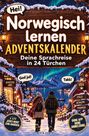 "Norwegisch lernen ADVENTSKALENDER. Deine Sprachreise in 24 Türchen." Winterliche Szene mit zwei wandernden Personen.