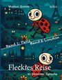 Text: "Markus Grimm", "Band 1: Paris", "Band 2: London", "Fleckies Reise", "In Einfacher Sprache". 
Illustration: Ein Marienkäfer mit rot-schwarzem Flügelkleid in einer Stadtlandschaft.