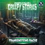 "Ghostly Tales & Creepy Stories: Frankensteins Rache." Gruselige Labor-Illustration mit Monster auf einem Tisch.