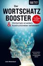 „Der Wortschatz Booster“ steht auf einem blauen Hintergrund mit vielen schwebenden Buchstaben in einem Gesicht.