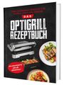 Text: Über 100 geniale Gerichte für Fleisch, Fisch und Gemüse. Das OptiGrill Rezeptbuch. Illustration eines Grills mit Tellern.