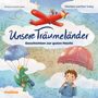 "Unsere Träumeländer" und "Geschichten zur guten Nacht". Ein Kind und ein Dino mit Fallschirmen, oben ein rotes Flugzeug.