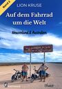 Buchtitel: "Auf dem Fahrrad um die Welt", Band 2. Untertitel: "Neuseeland & Australien". Zwei Radfahrer vor einem Straßenschild.