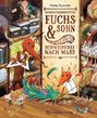 "Schneidermeister Fuchs & Sohn. Schweiferei nach Mass." Ein Fuchs schneidert mit bunten Federn, zwei Mäuse helfen.