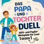 „Das Papa und Tochter Duell“, Minispiele für zwei, ab 6 Jahren. Illustration: Mann und Mädchen mit erhobenen Armen.
