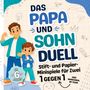 „Das Papa und Sohn Duell“, Minispiele für zwei. Illustration: Mann und Junge fröhlich auf kariertem Hintergrund. Ab 6 Jahren.