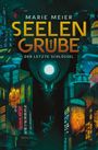"SEELEN GRUBE: DER LETZTE SCHLÜSSEL" von "MARIE MEIER". Sci-Fi-Stadt, Neonlichter, schwebende Schiffe, mystisches Wesen.