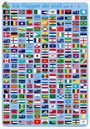 „Die Flaggen der Welt“. Dicht aneinandergereihte LändFlaggen in Rasteranordnung. Oben links ein stilisierter Vogel.