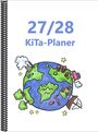27/28 KiTa-Planer. Illustration einer bunten, kindlichen Erde mit Häusern, einem Auto, einem Schiff und Sternen.