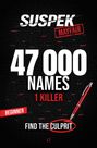 „47 000 Namen, 1 Killer. Finde den Täter. Anfänger.“ Es ist eine Illustration mit Hintergrund aus Namen und einem roten Stift.