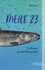 "Meile 23", Dan Ivan, Roman aus dem Donaudelta. Illustration: Fisch auf blauem Hintergrund mit Schuppenmuster.
