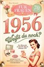 "Für Frauen 1956. Weißt du noch? 70. Geburtstag. 111 Momente." Illustration einer eleganten Frau, Vase, Tasche, Retro-TV.