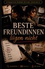 Interaktives Murder-Mystery-Rätselbuch: Beste Freundinnen lügen nicht. Silhouetten zweier Frauen, zerrissenes Herz, Ketten.