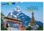 "Reise durch Nepal 2027". Schneebedeckter Berg, buddhistischer Tempel und Mönche, farbenfrohe Gebetsflaggen.