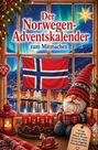 Schriftzug: "Der Norwegen-Adventskalender zum Mitmachen". Illustration einer Winterlandschaft mit Gnom und Kerzen.