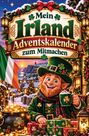 "Mein Irland Adventskalender zum Mitmachen." Ein fröhlicher Leprechaun mit grüner Kleidung, Geschenken, irischer Flagge.
