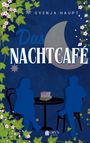 „Das Nachtcafé“ von Svenja Haupt. Zwei Personen sitzen an einem Tisch mit Büchern, umrahmt von Efeu und Blumen.