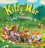 „Kitty Mur and what friendship is“. Bunte Illustration von fröhlichen Tieren, die gemeinsam im Grünen tanzen.
