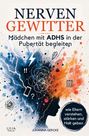 „NERVEN GEWITTER“: Mädchen mit ADHS. Silhouette, bunte Farbkleckse, Symbole wie Blitze, Fragezeichen, Herz.