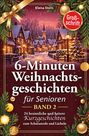 "6-Minuten Weihnachtsgeschichten für Senioren BAND 2" mit winterlicher Dorfkulisse, einem goldenen Band und Tannenästen.