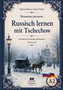 "Russisch lernen mit Tschechow. 30 einfache Geschichten auf Russisch (Niveau A2). Illustration: Winterliche Stadtszene."