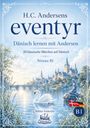 "H.C. Andersens eventyr" in blauer Schrift vor einer Schlosslandschaft mit einem Schwan und einer Meerjungfrau am Fluss.