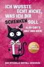 "Ich wusste echt nicht, was ich dir schenken soll – also gibt’s halt das hier! Für Frauen mit Humor! Das offizielle Notfall-Geschenk." Eine Illustration einer schwarzen Katze mit rosa Schleife hält ein Geschenk, auf pinkem Hintergrund mit goldenen Sprenkeln.