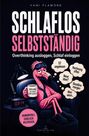 „Schlaflos Selbstständig: Overthinking ausloggen, Schlaf einloggen.“ Ein Flamingo mit Kaffee sitzt nachdenklich da.
